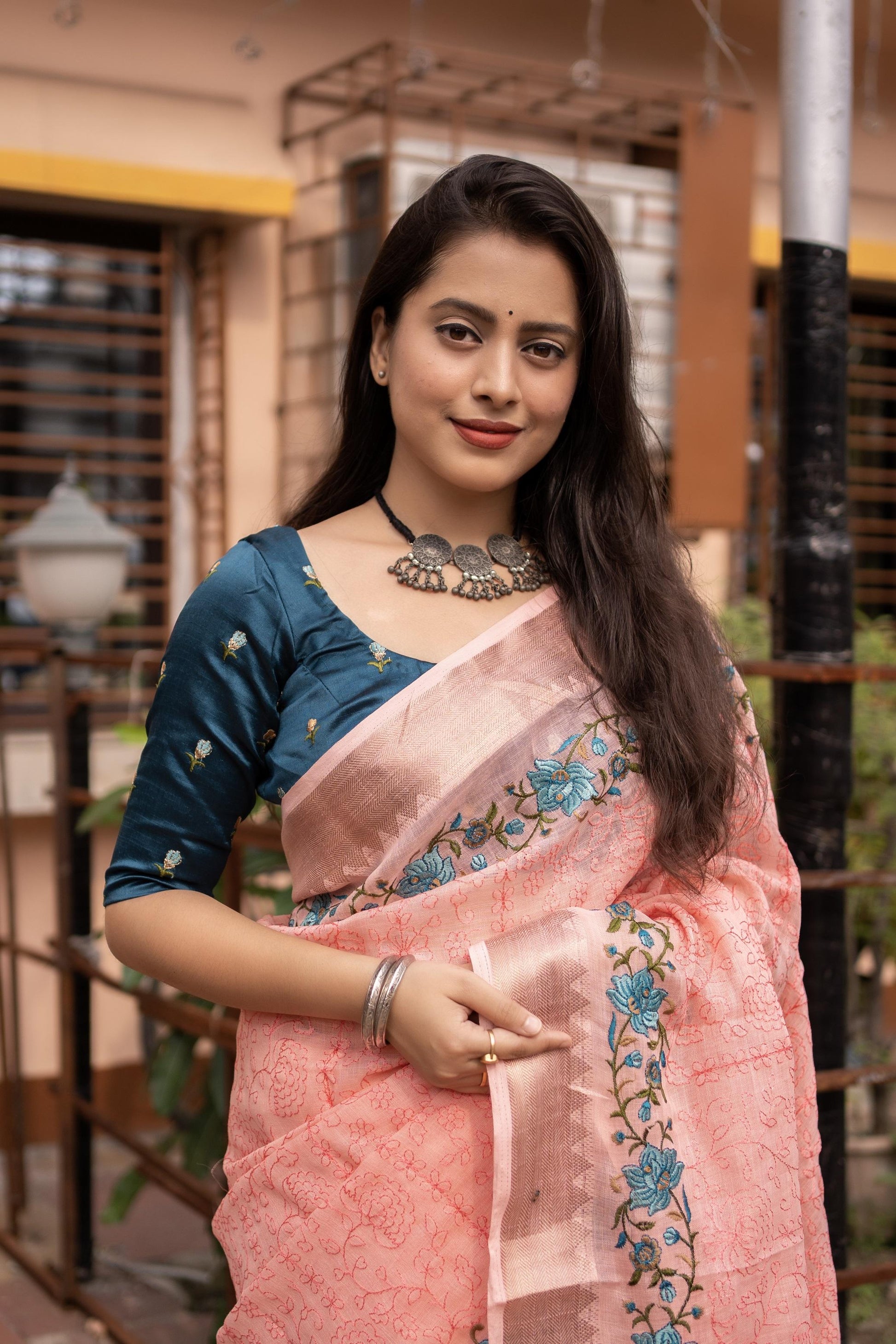 Pink Pure Linen Woven Design Saree with Unstitched Blouse - A2M