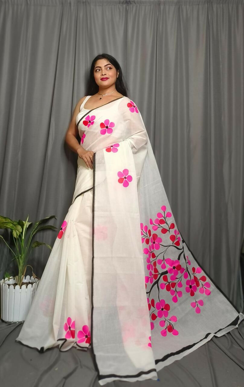 Exclusive Collection Beautiful White Pink Pure Cotton Hand Print Handloom Grab2Buy With Running Blouse Piece 