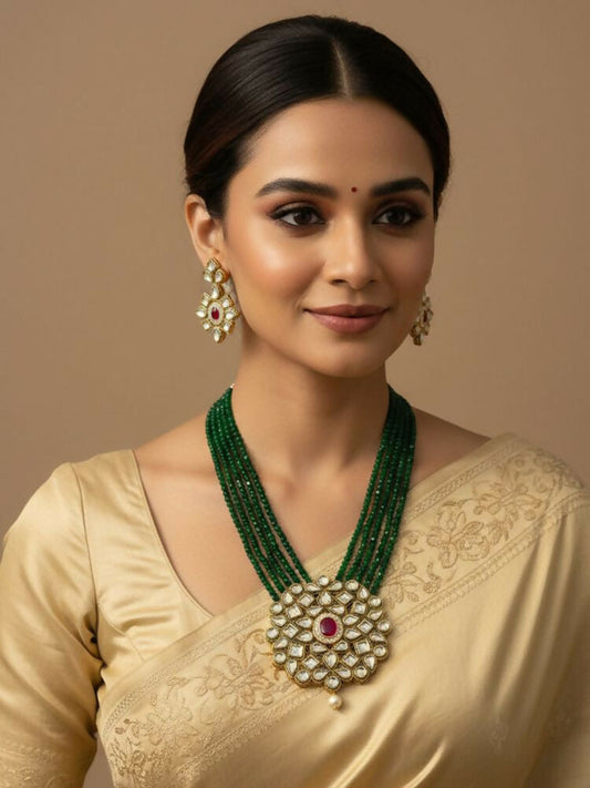 NVR Women Gold Plated Green Kundan Jewellery Set