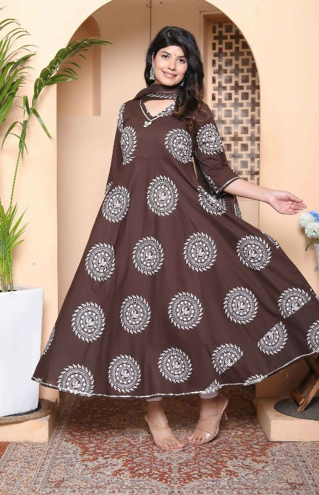 Miravan Womens Brown Animal Printed Anarkali Kurta With Dupatta Set