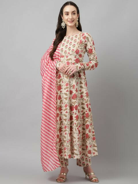 FIORRA Women's Beige Pure Cotton Flared Kurta Pant With Dupatta 