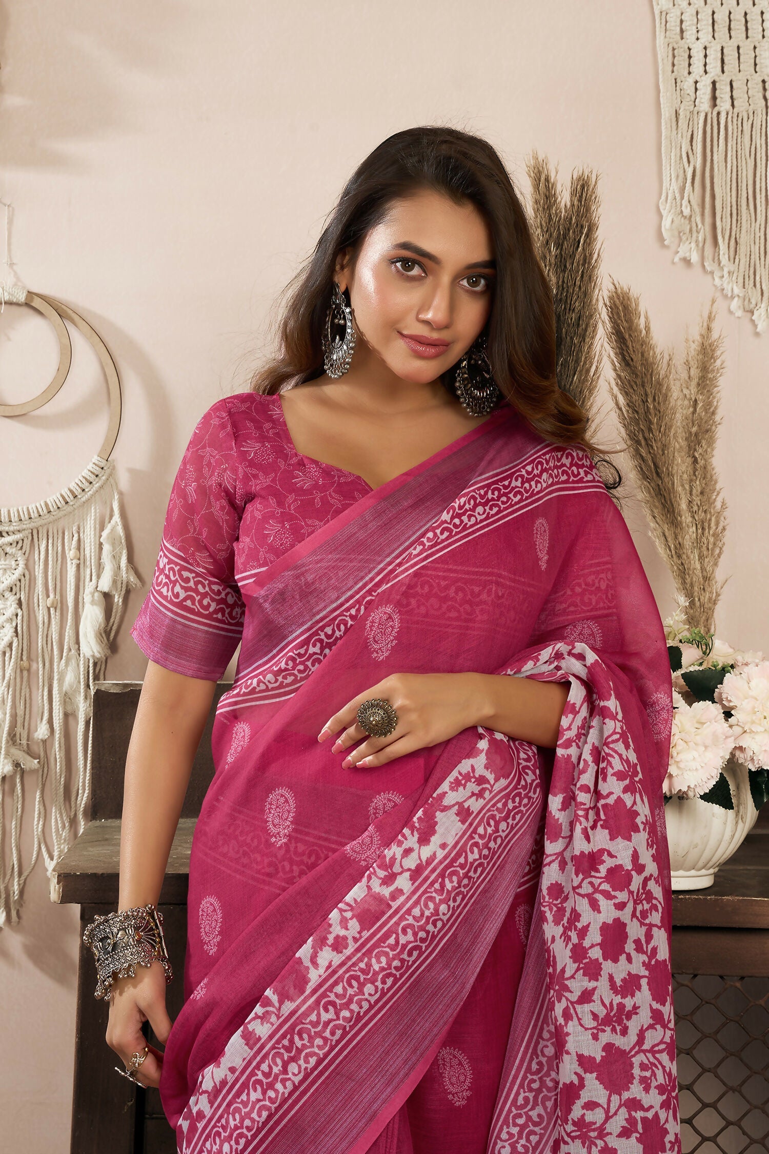 Joban Fashion Pink Floral Linen Ready To Wear Saree With Unstitched Blouse