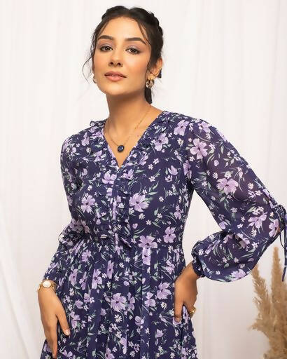 FIORRA Women's Blue Georgette Floral Printed Western Dress 