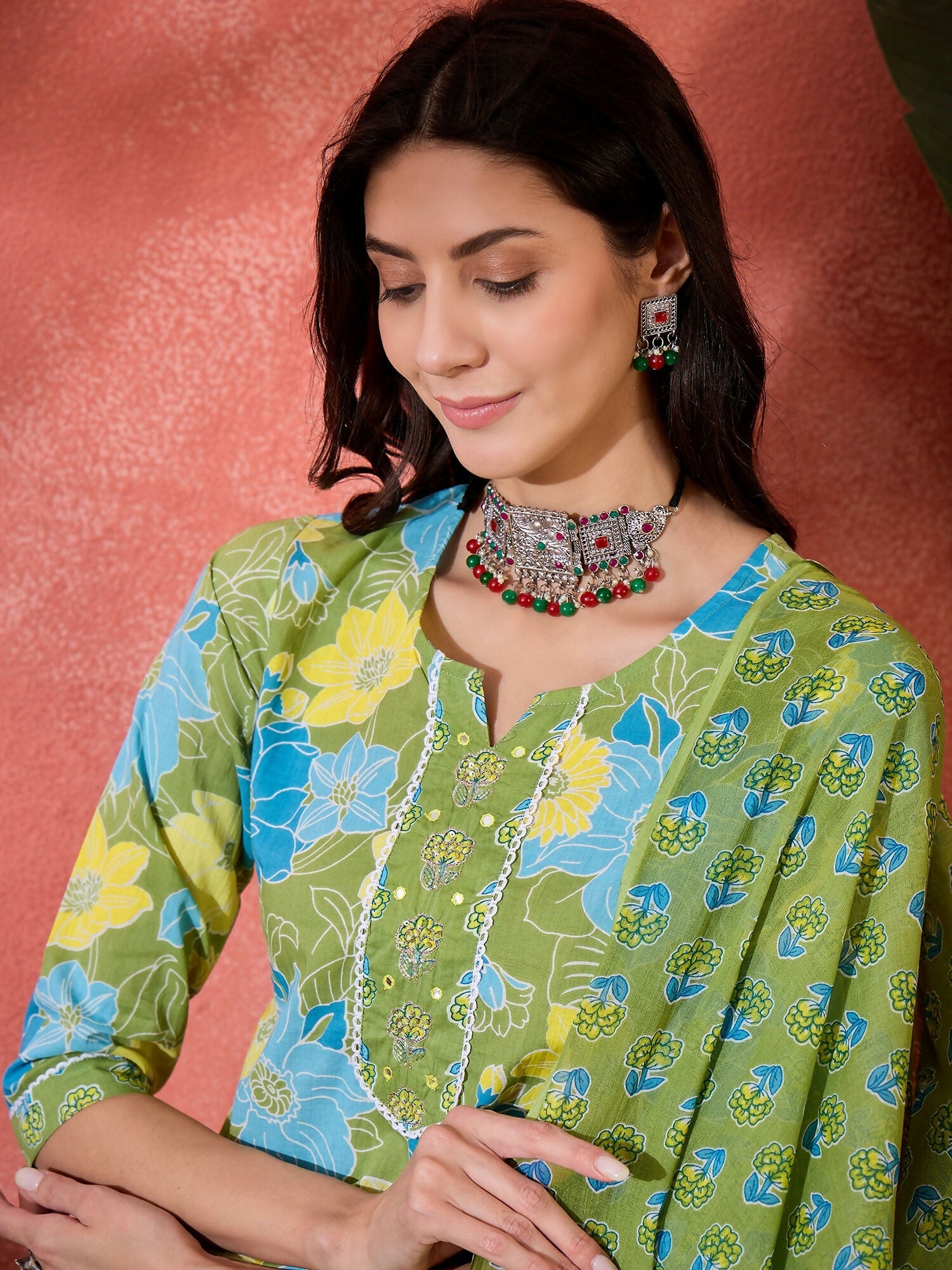 Joban Fashion Printed Green Pure Cotton Kurta Set