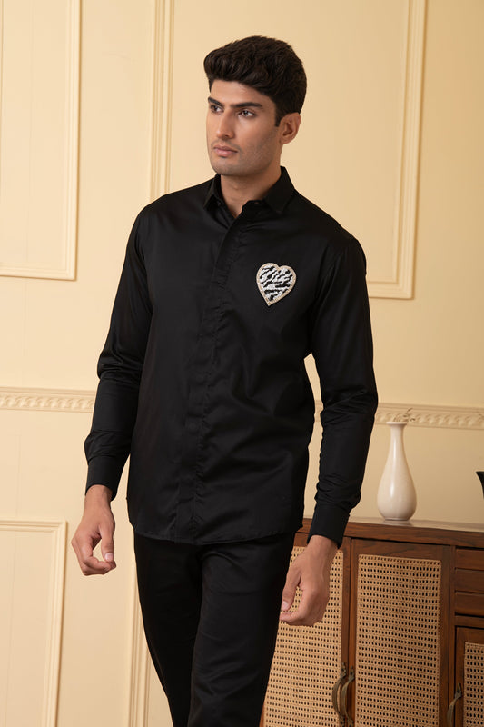 White And Black Heart Shaped Patch Shirt by Hilo Design  Grab2Buy Hilo Design Grab2Buy