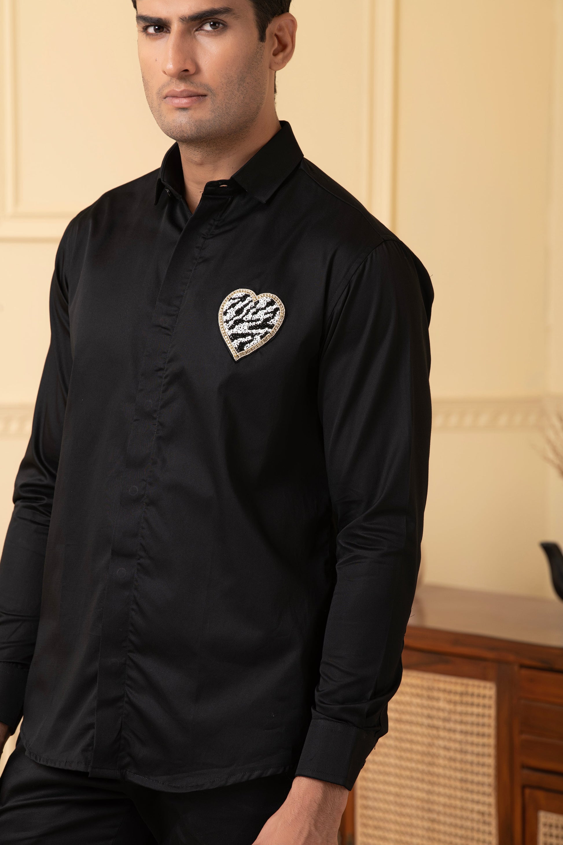 White And Black Heart Shaped Patch Shirt by Hilo Design  Grab2Buy Hilo Design Grab2Buy