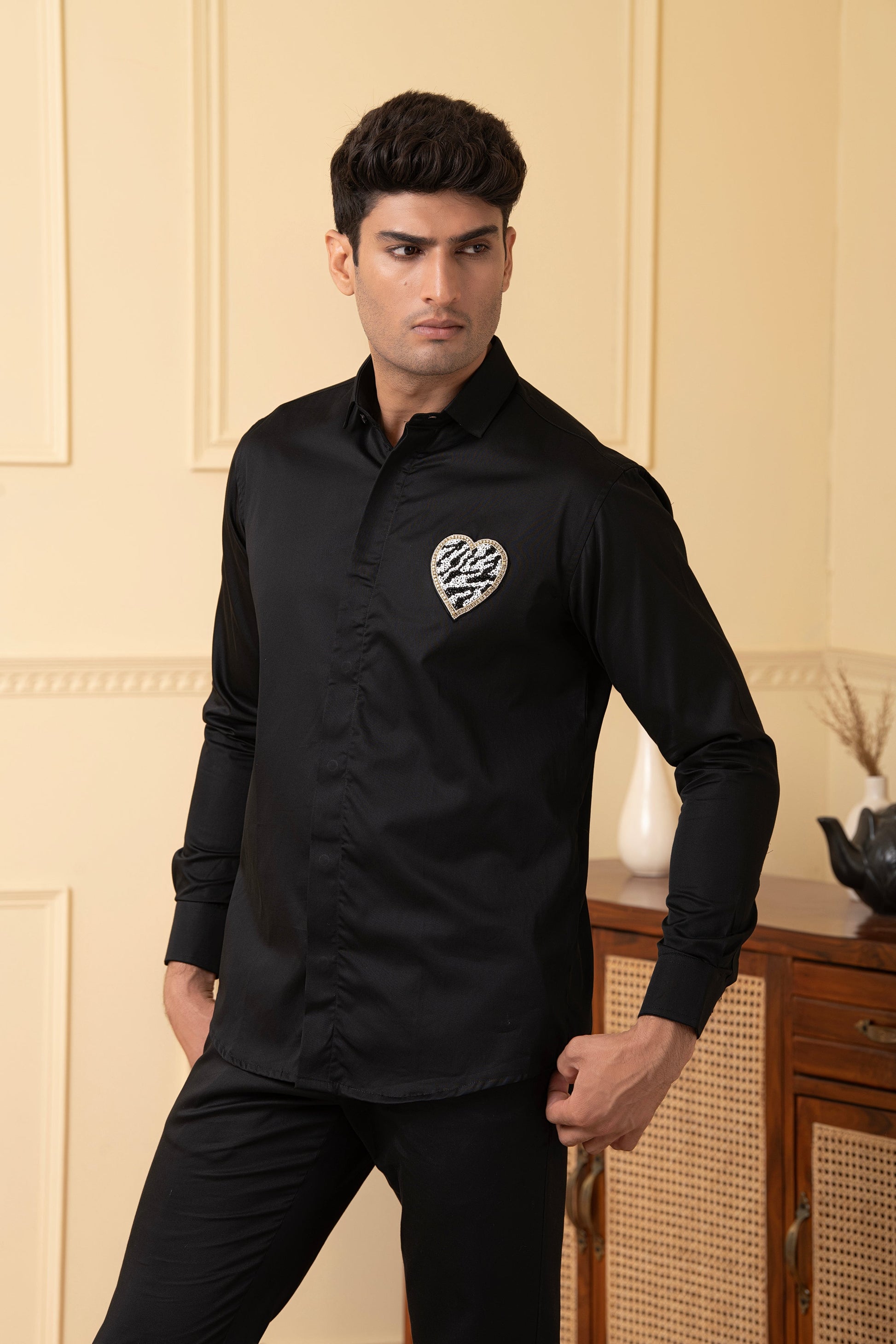 White And Black Heart Shaped Patch Shirt by Hilo Design  Grab2Buy Hilo Design Grab2Buy