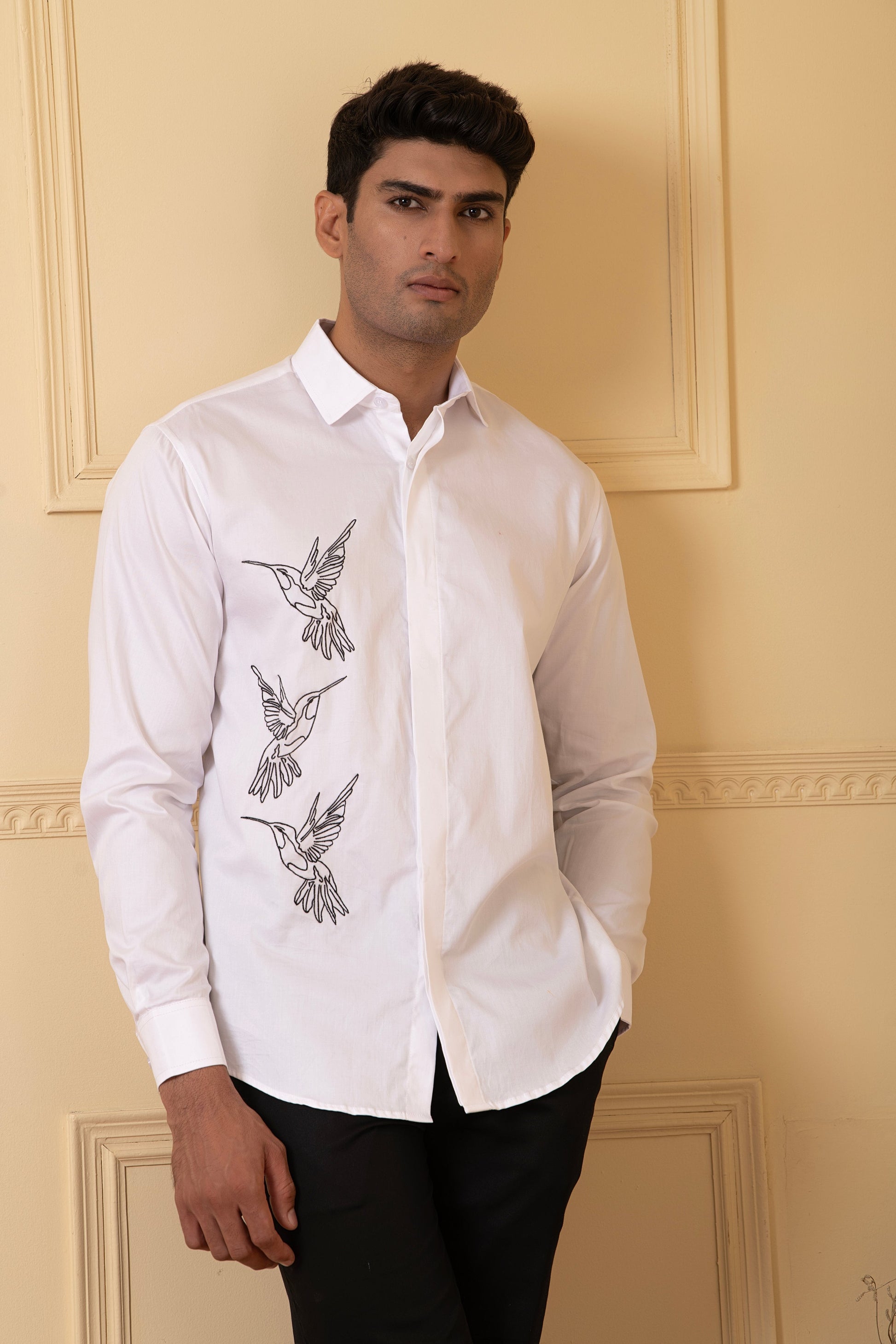 Aurora Birds Line Embroidery Shirt by Hilo Design