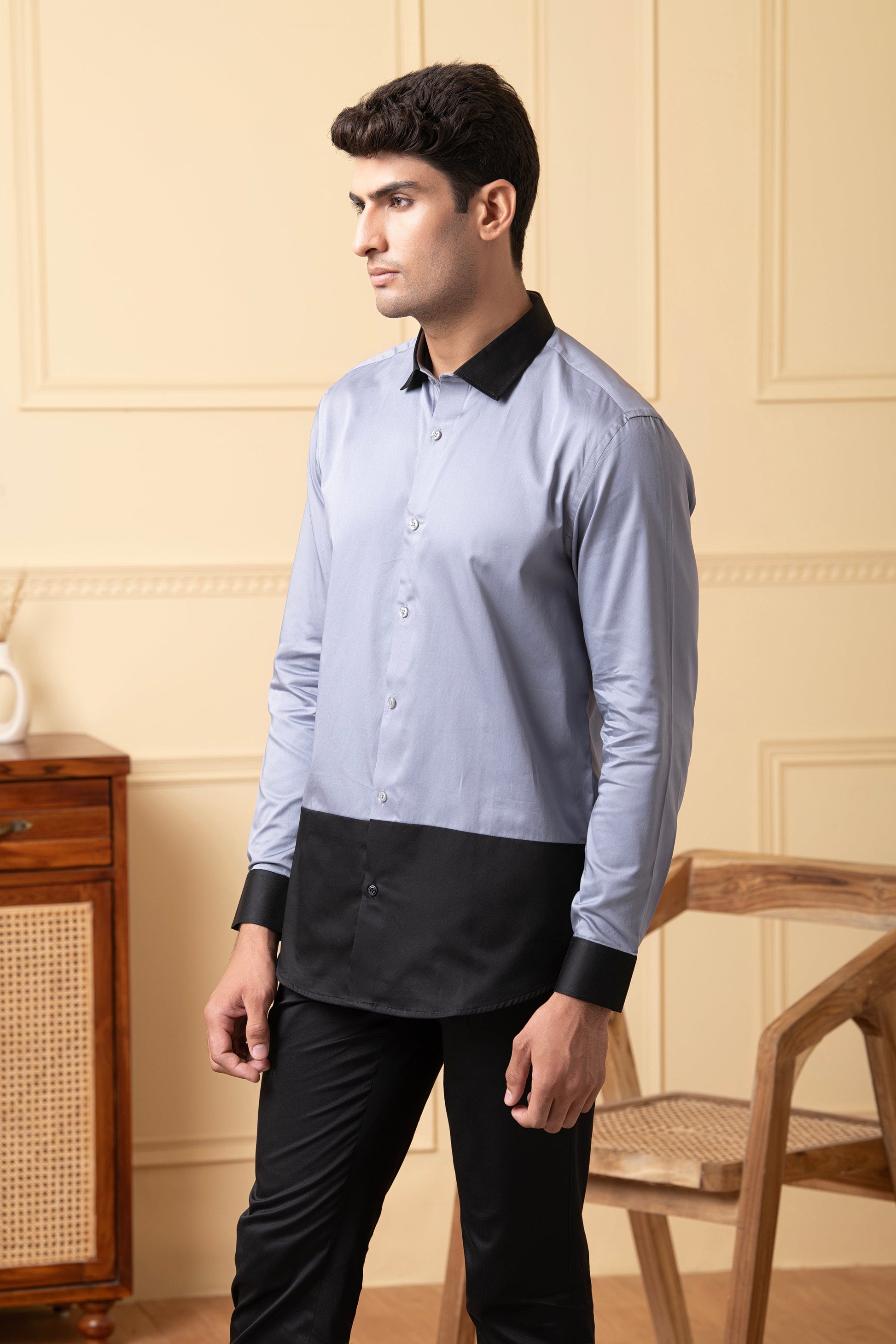Grey Shirt With Black Patch Below The Pocket, And Black Collar by Hilo Design