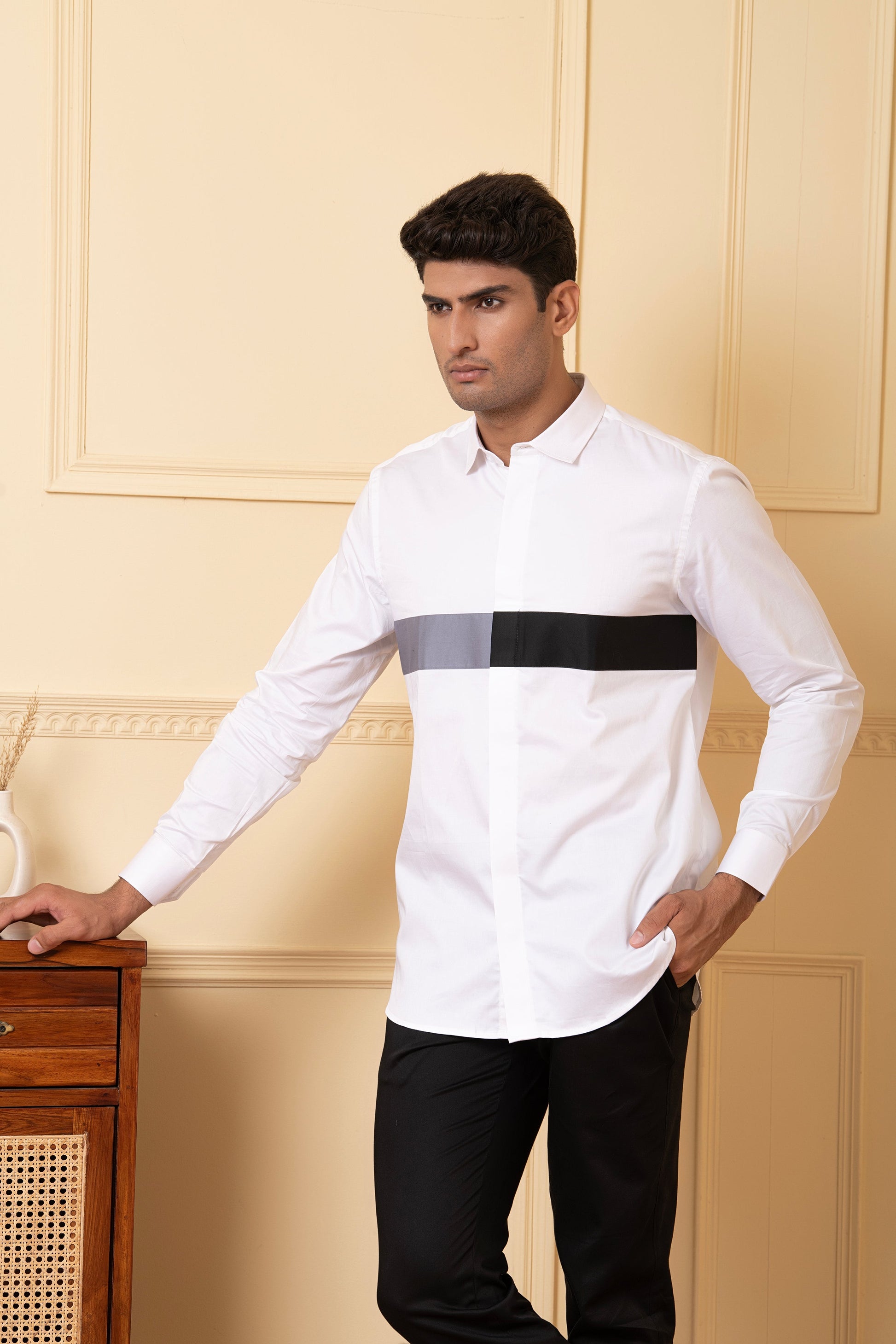 White Shirt With Grey And Black Horizontal Strip by Hilo Design  Grab2Buy Hilo Design Grab2Buy