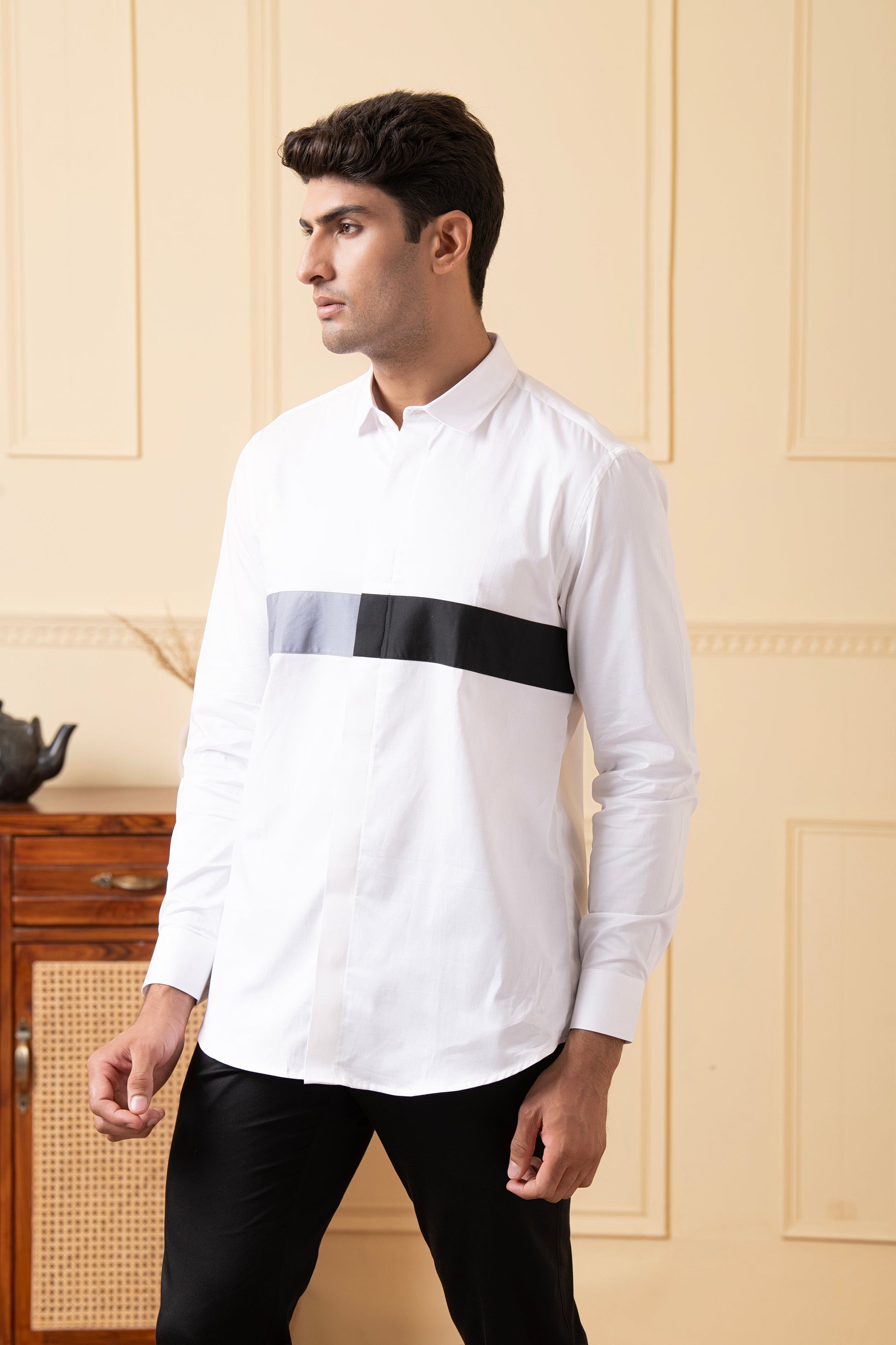 White Shirt With Grey And Black Horizontal Strip by Hilo Design  Grab2Buy Hilo Design Grab2Buy