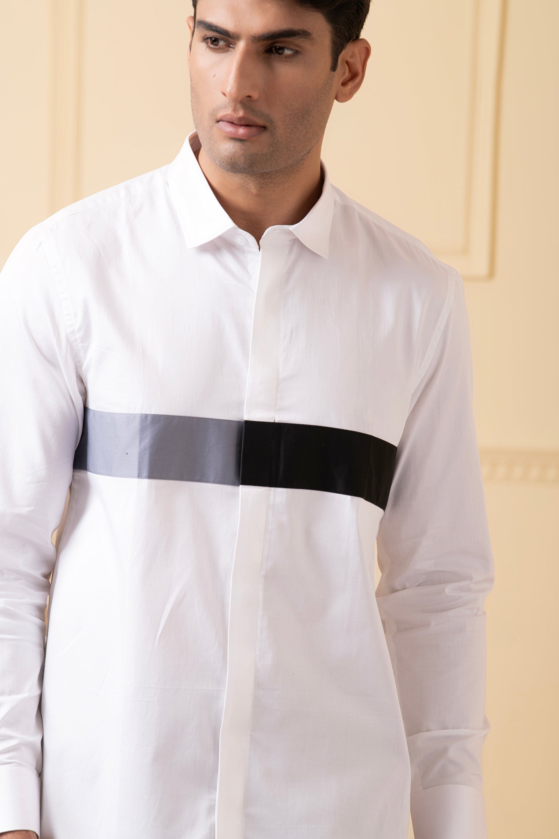 White Shirt With Grey And Black Horizontal Strip by Hilo Design  Grab2Buy Hilo Design Grab2Buy