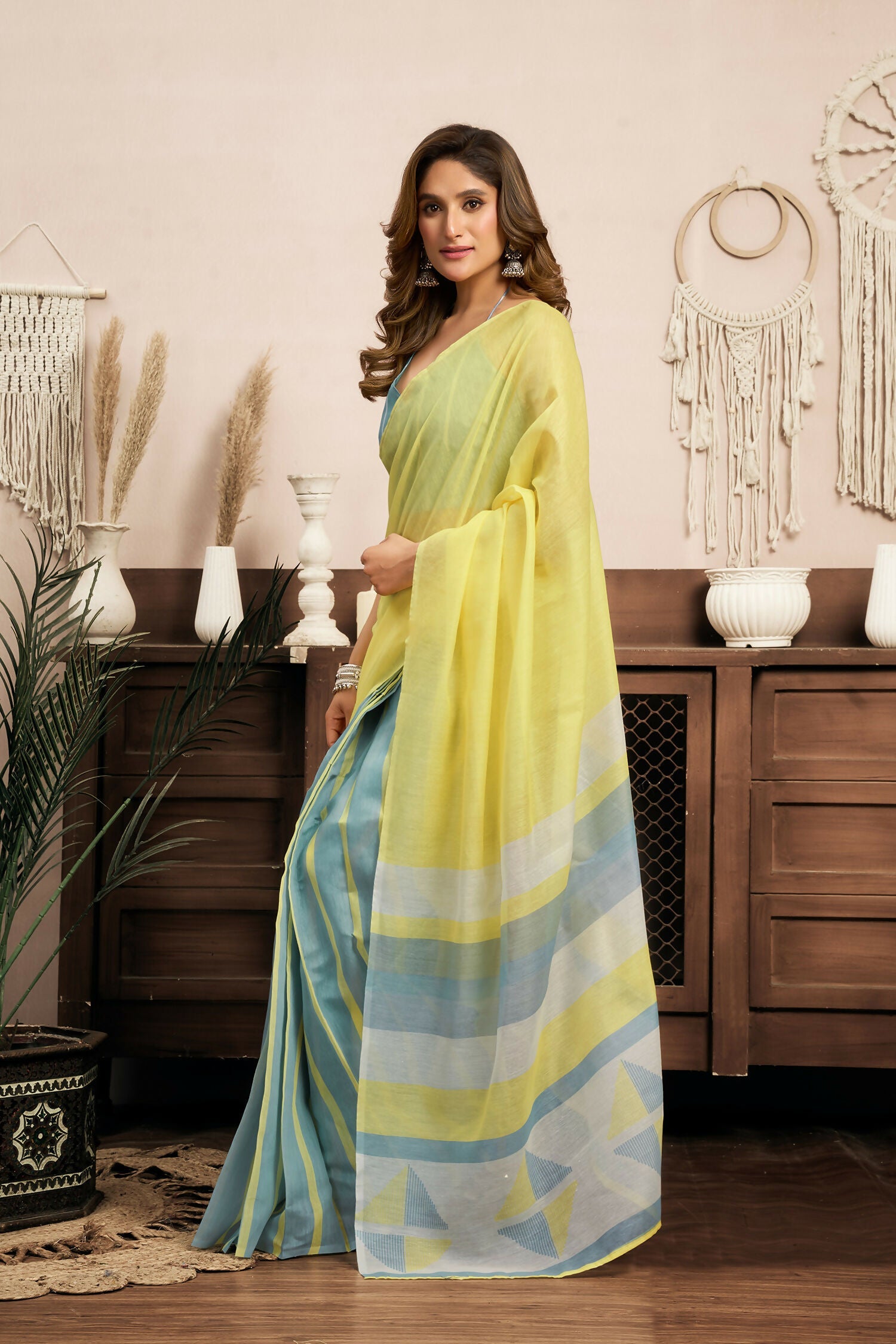Joban Fashion Bright Yellow Striped & Geomatric Linen Ready To Wear Saree With Unstitched Blouse