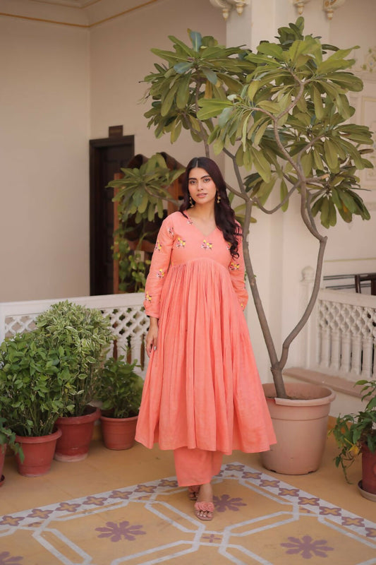 Teeya Creation Womens New Summer Wear Cotton Fabric With Embroidered Work Gown Set