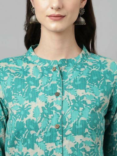 FIORRA Women's Floral Printed Teal Green Pure Cotton Straight Kurta 