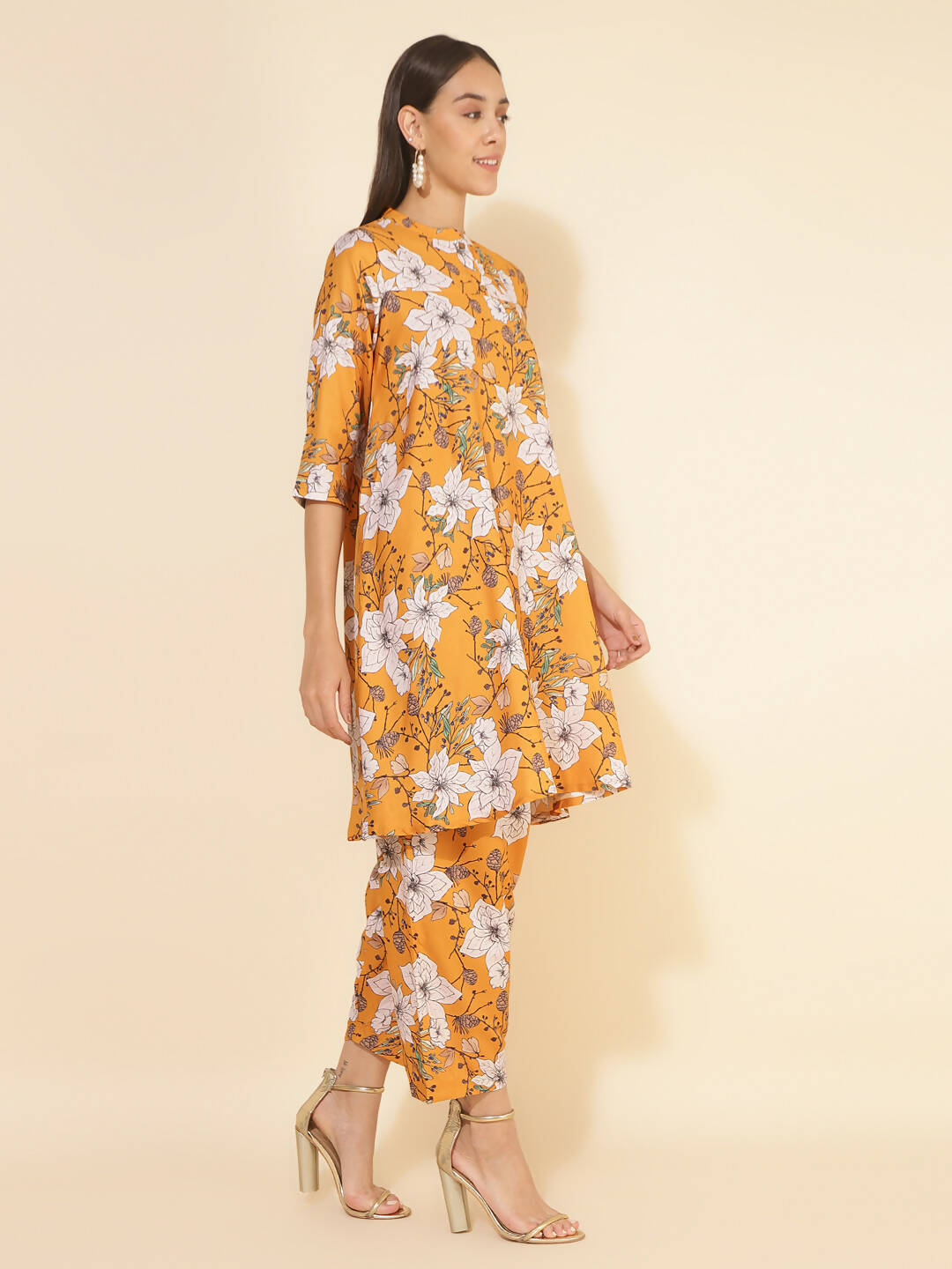 Janasya Women's Mustard Moss Digital Floral Printed Casual A-line Co-ords 