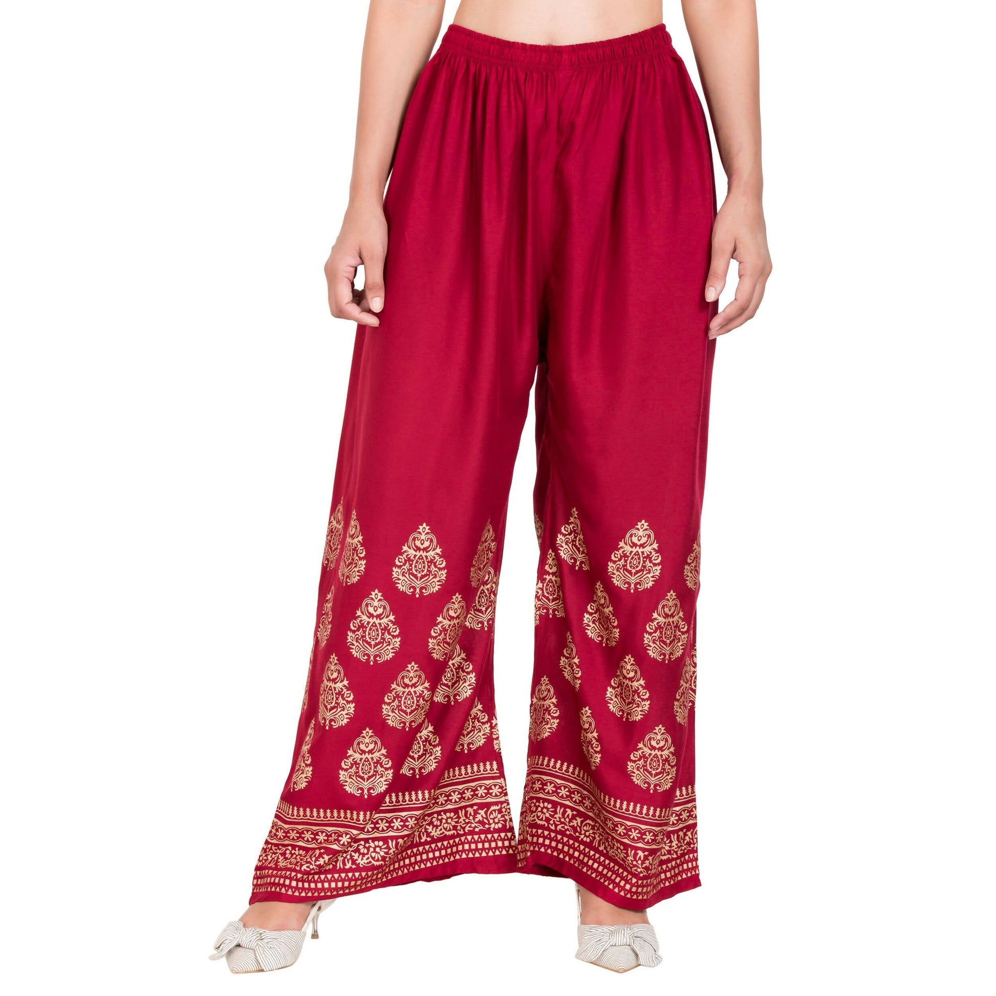 PAVONINE Maroon Color Golden Printed Rayon Fabric Sharara For Women & Girls