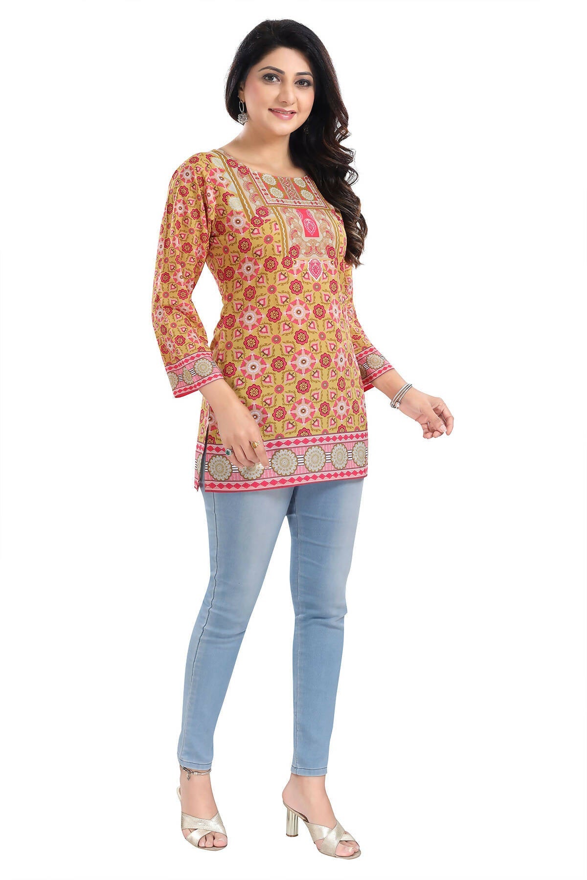 Snehal Creations Yellow Faux Crepe Short Kurti Tunic Top