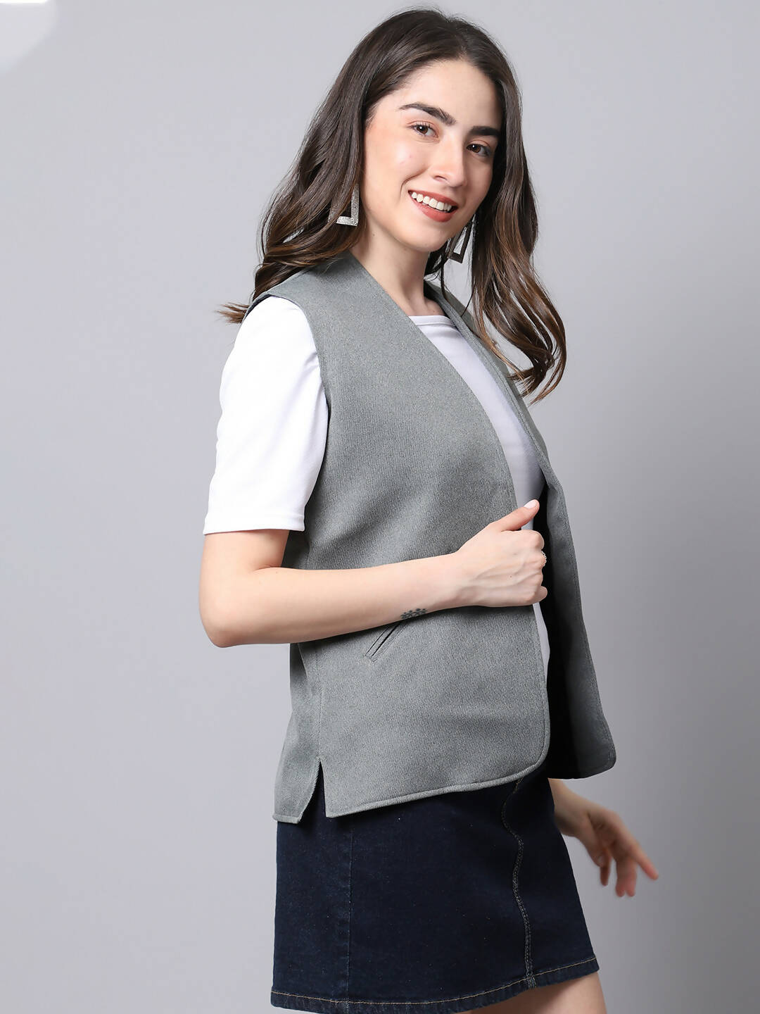 Even Apparels Grey Polyblend Open Front Women's Waistcoat