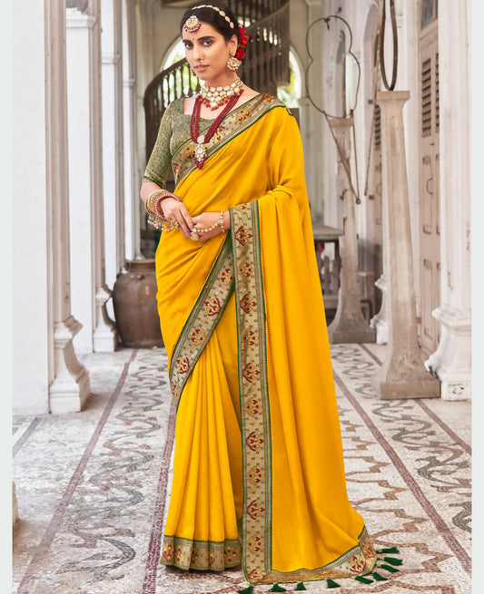 Mustard Vichitra Solid Saree With Unstitched Blouse Piece - Juhi