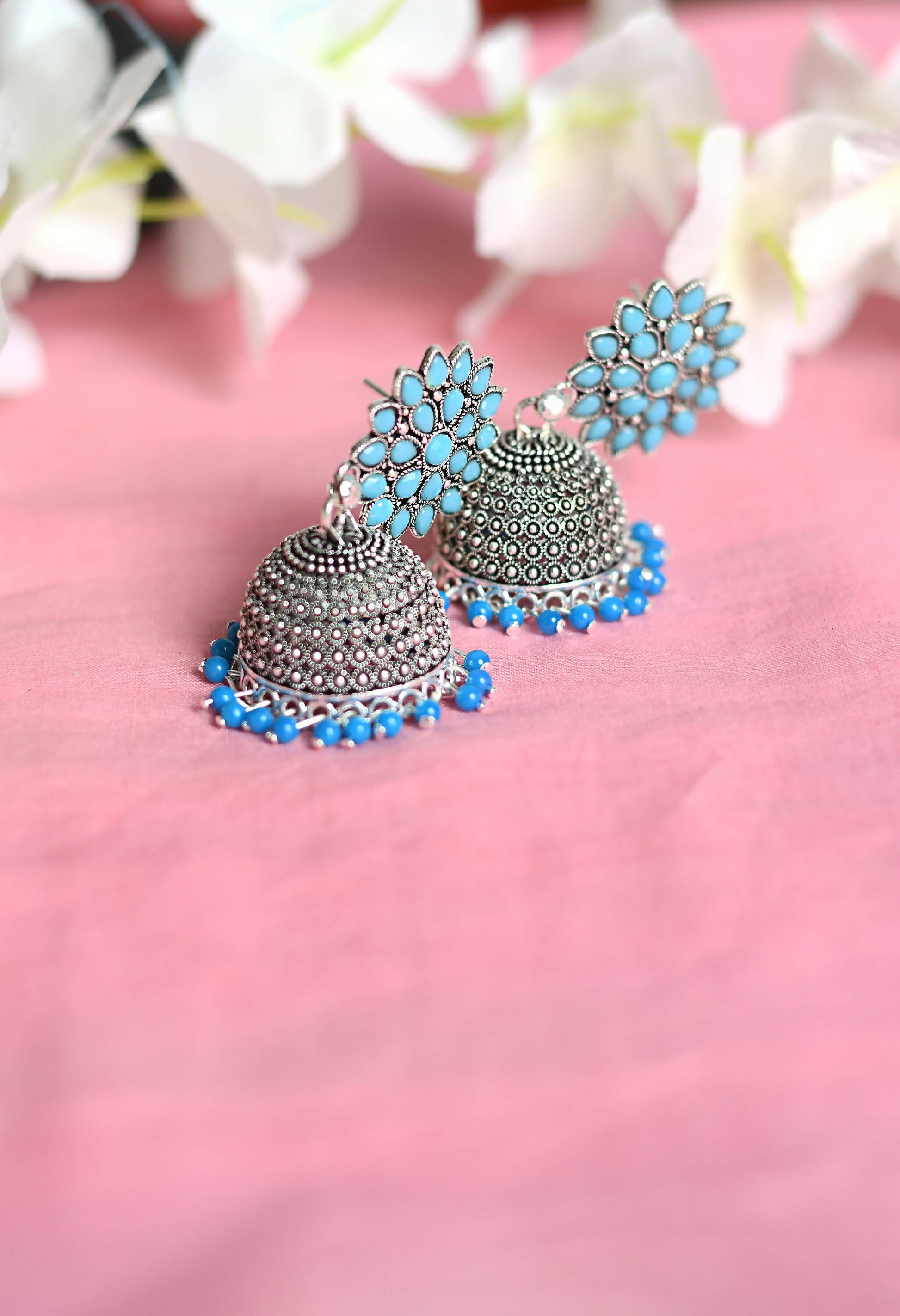Mominos Fashion Joharkamal Kundan work Jhumka with Sky Blue Beads - Grab2buy