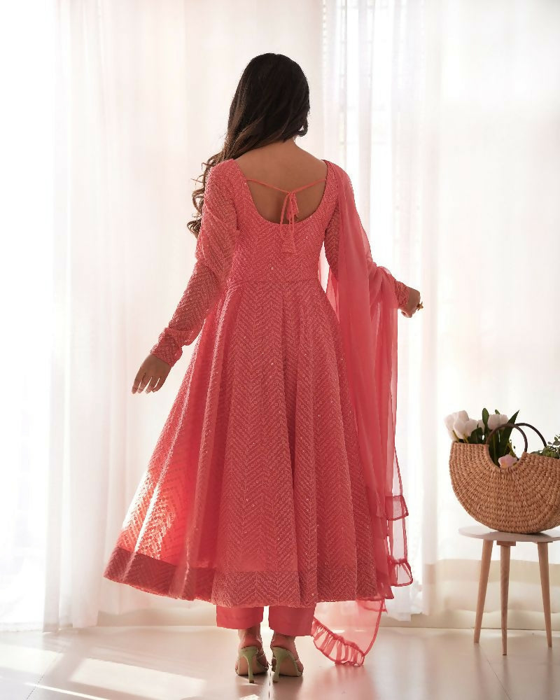 Joban Fashion Peach Kurta Set Georgette Sequence Embroidery Work 