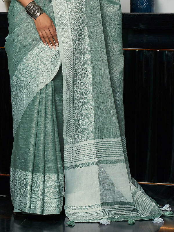 Shree Shyam Fashion Elegant Sea Green Woven Linen Saree with Contrast Zari Border & Tassels - Soft & Breathable Party Wear