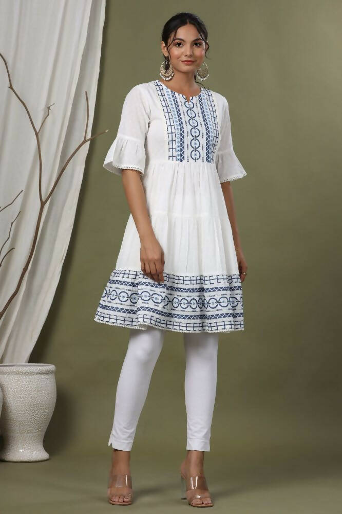 Juniper White Cotton Dobby Festive Embroidered Tiered Dress For Women