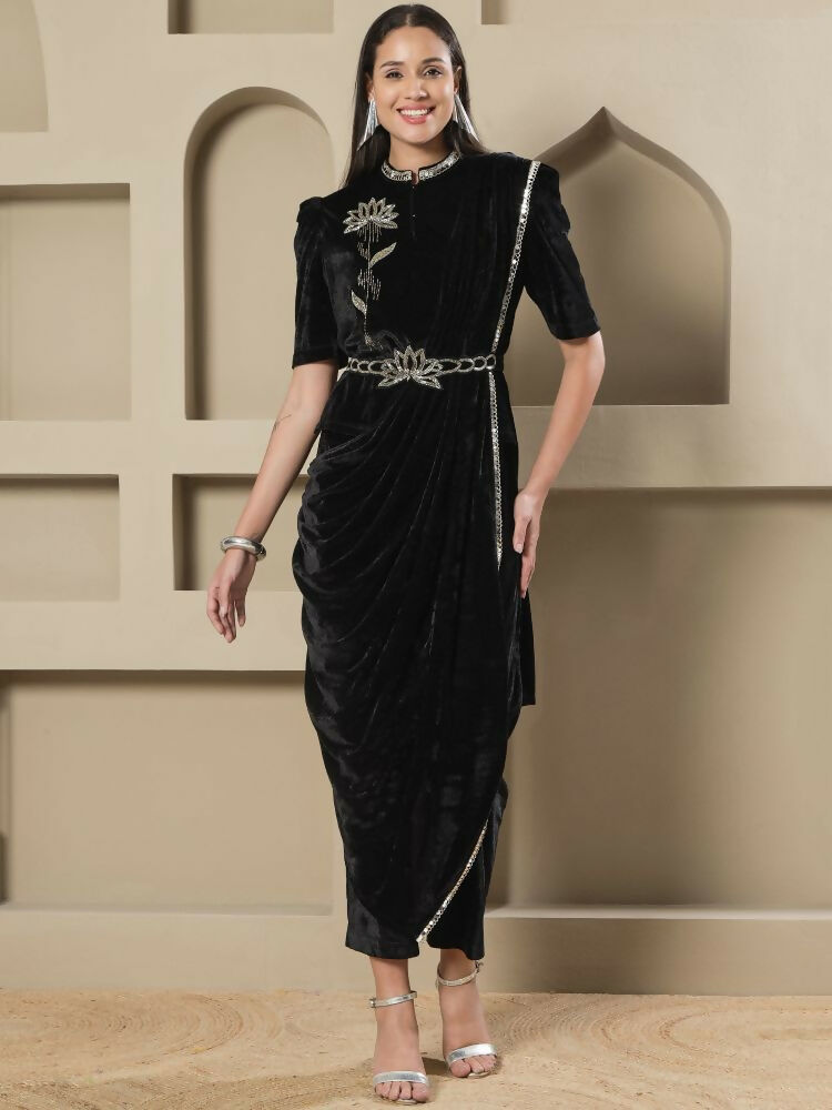 Joban Fashion Women Black Velvet Hand Embellishment Stitched Kurta Set