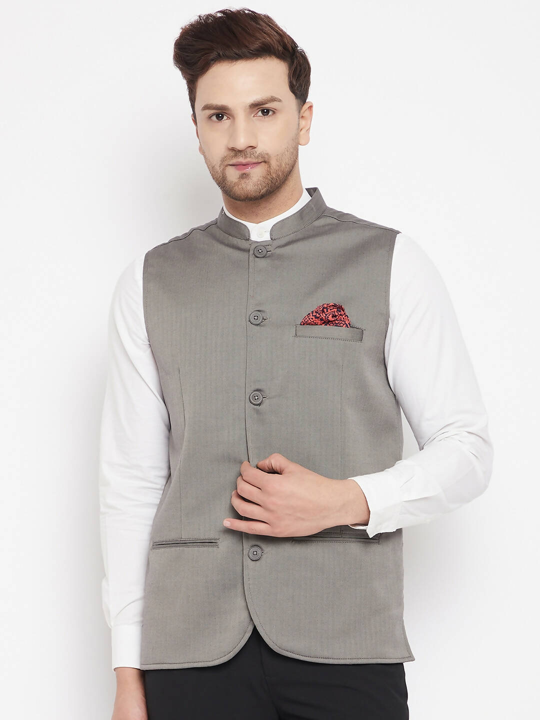 Even Apparels Grey Polyester Men's Nehru Jacket-Contrast Lining-Inbuilt Pocket Square 