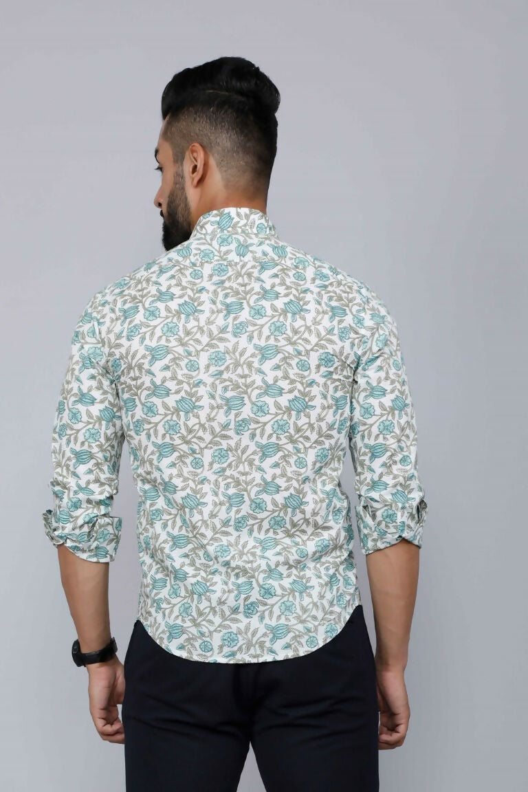 Miravan Men's Spread Collar White & Green Floral Print Slim Fit Shirt 