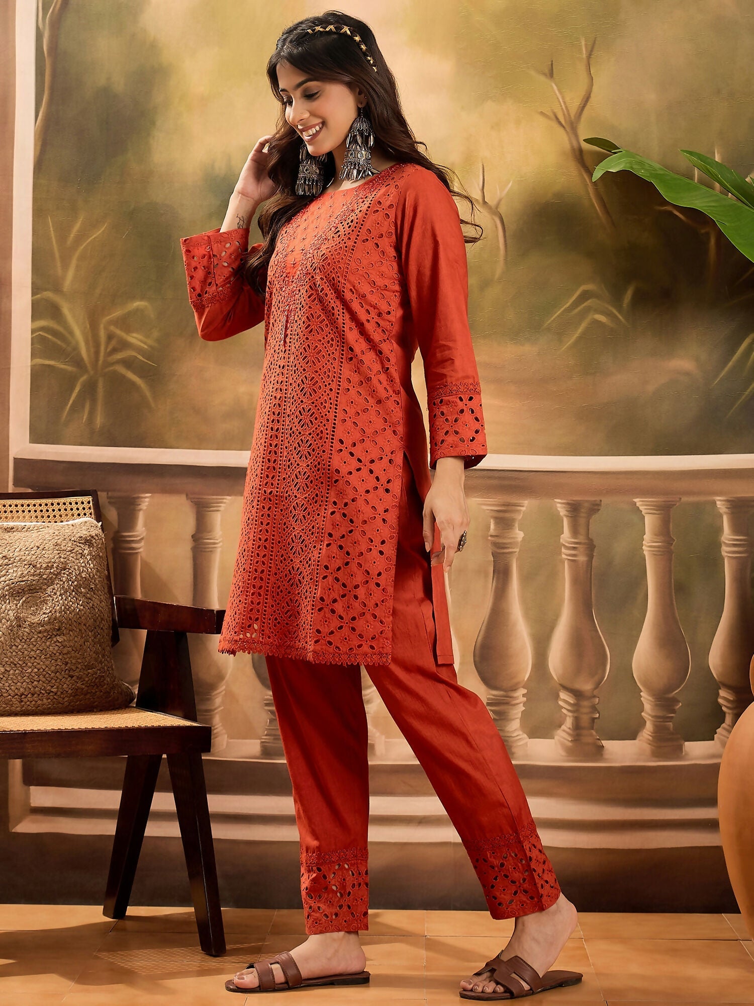 Joban Fashion Embroidery Rust Pure Cotton Cord Set