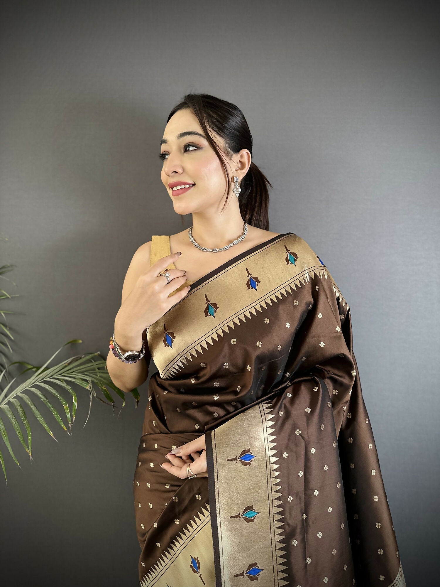 Joban Fashion Brown Peacock & Floral Motifs Soft Lichi Silk Kanchipuram Saree