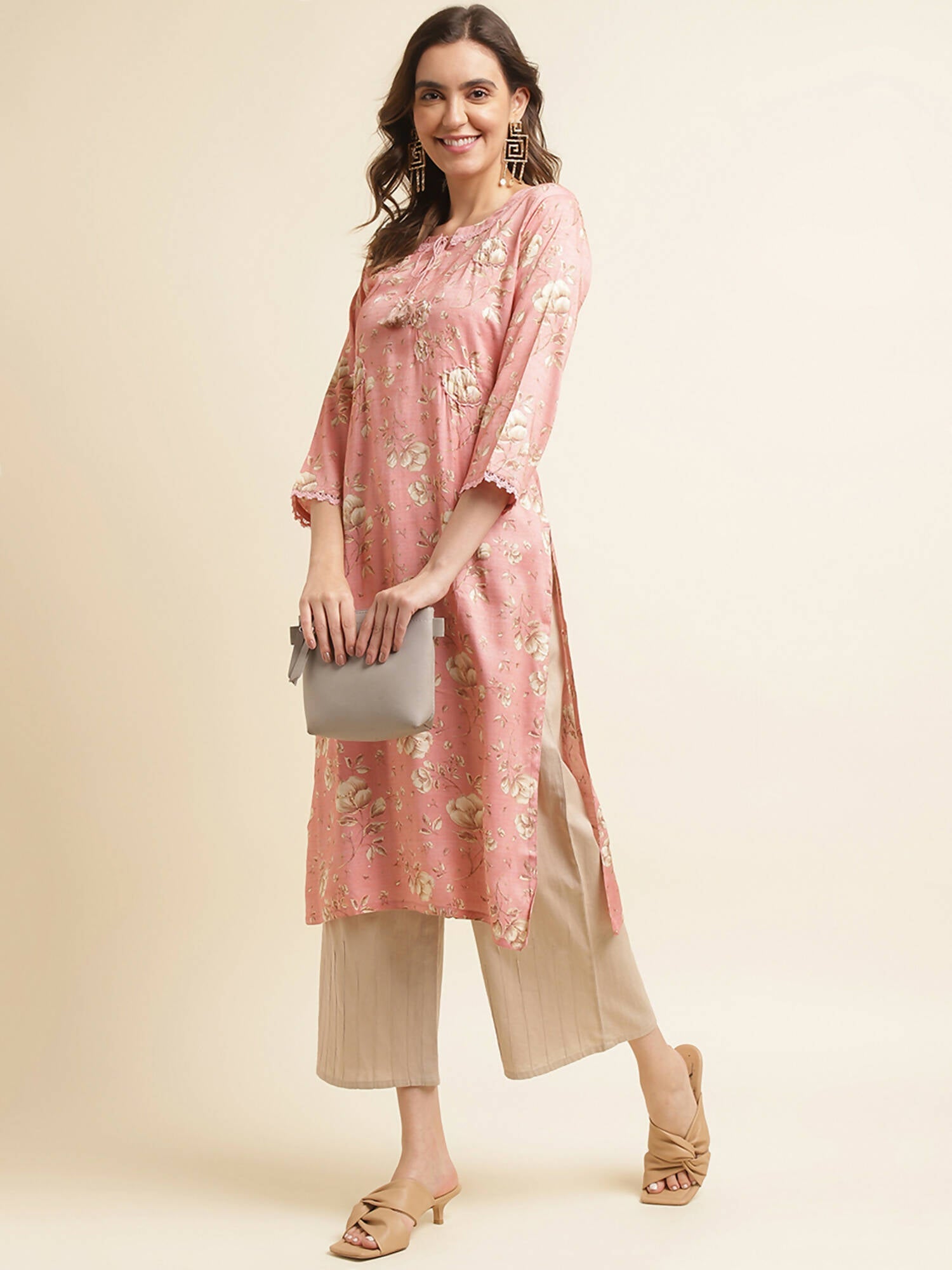 Pink Poly Rayon Floral Printed Straight Kurta - Prasuti