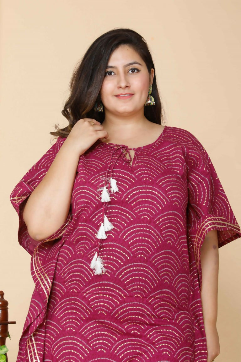 Miravan Women's Plus Size Magenta Bandhani Printed Cotton Kaftan Kurta