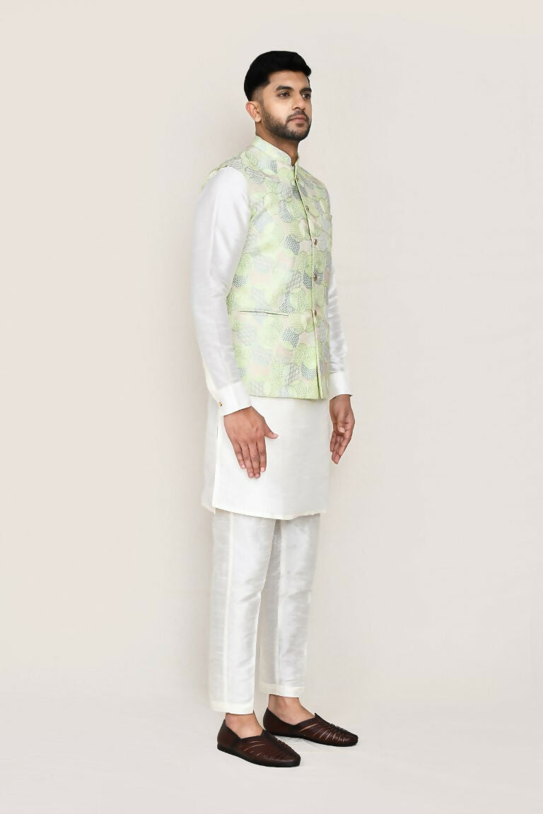 Joban Fashion Green Colored Art Silk Based Full Embroidered Work Men's Jacket