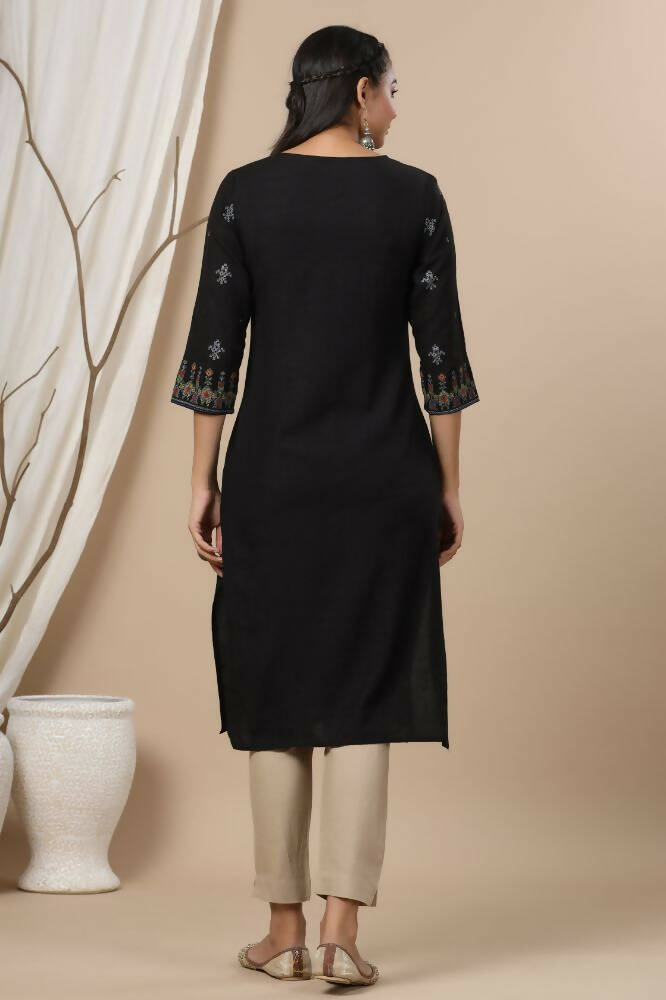 Juniper Women Black Rayon Flex Printed Straight Kurta