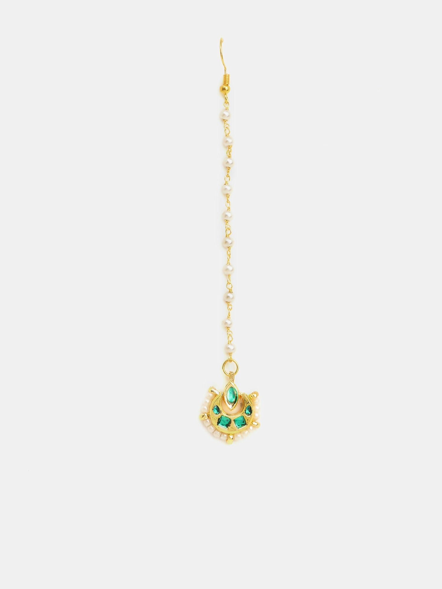 Ruby Raang Gold Green Kundan Earrings And Maang Tikka