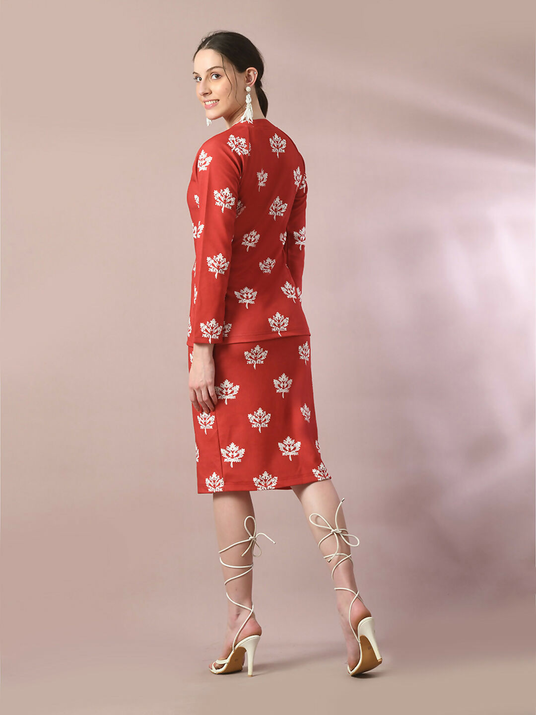 Myshka Women's Rust Printed Round Neck Party Top With Skirt Co-ord set 