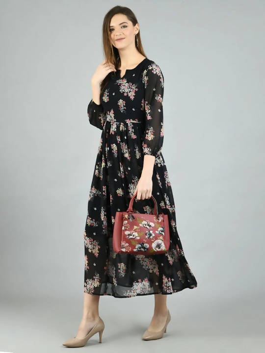 Myshka Women's Black Georgette Printed 3/4 Sleeve Round Neck Casual Dress