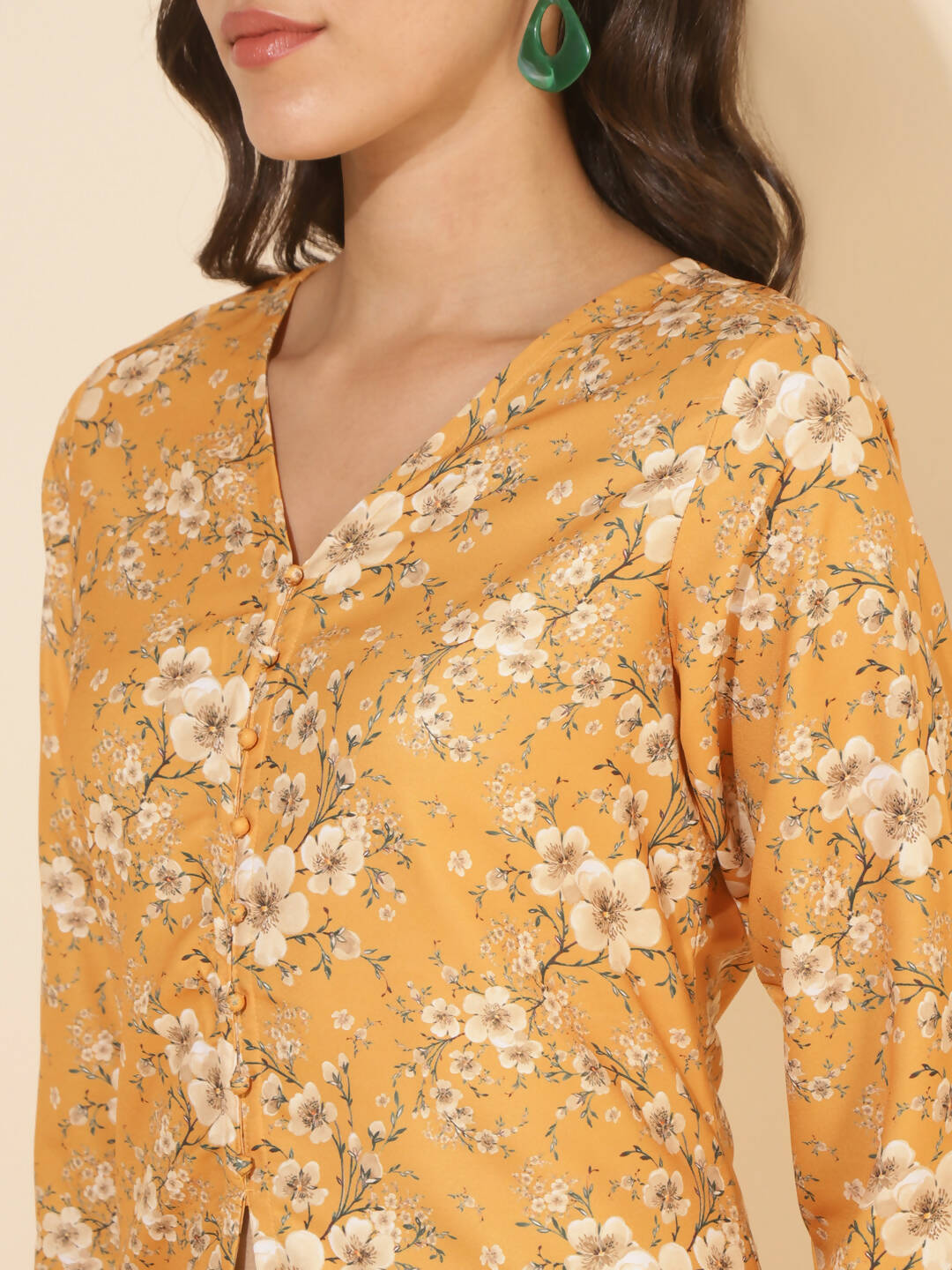 Janasya Women's Mustard Moss Floral Printed Casual Front Slit Co-ords 