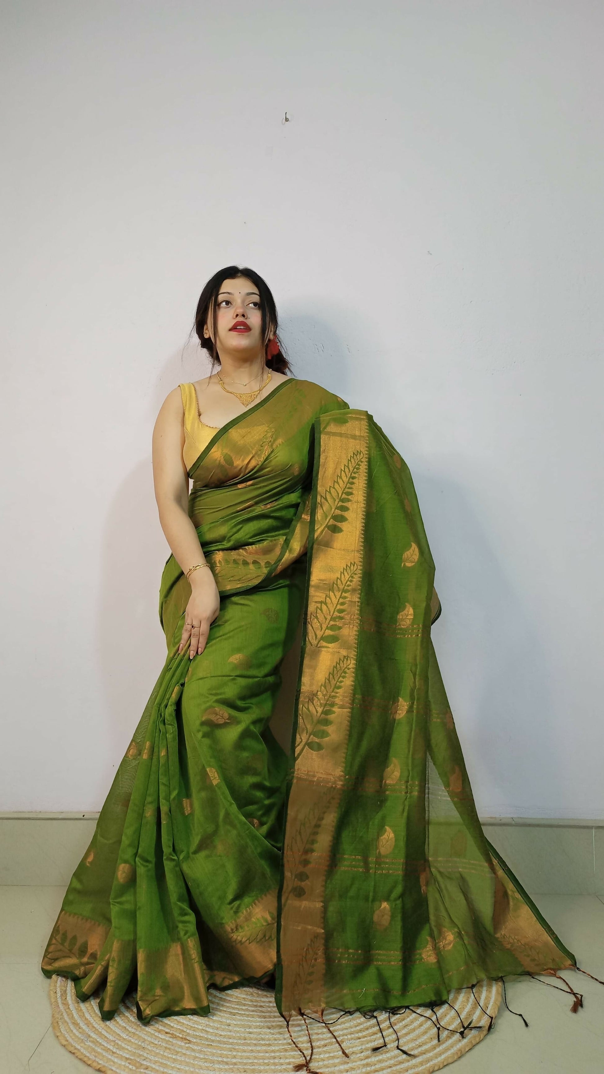 Exclusive Collection Beautiful Olive Green Cotton Silk Woven Handloom Grab2Buy With Running Blouse Piece 
