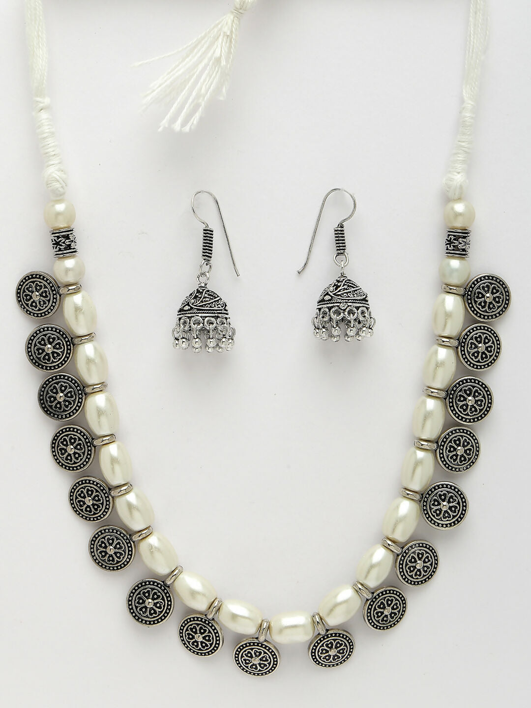NVR Women's White Silver-Plated Choke Oxidized Necklace with Jhumka Earrings - Grab2buy