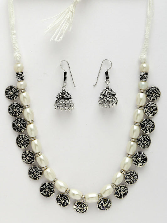 NVR Women's White Silver-Plated Choke Oxidized Necklace with Jhumka Earrings - Grab2buy