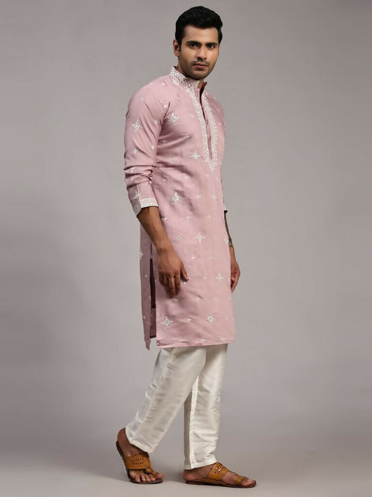 Pink Silk Designer Embroidery Work Men's Rajwadi Kurta Set - Mahotsav
