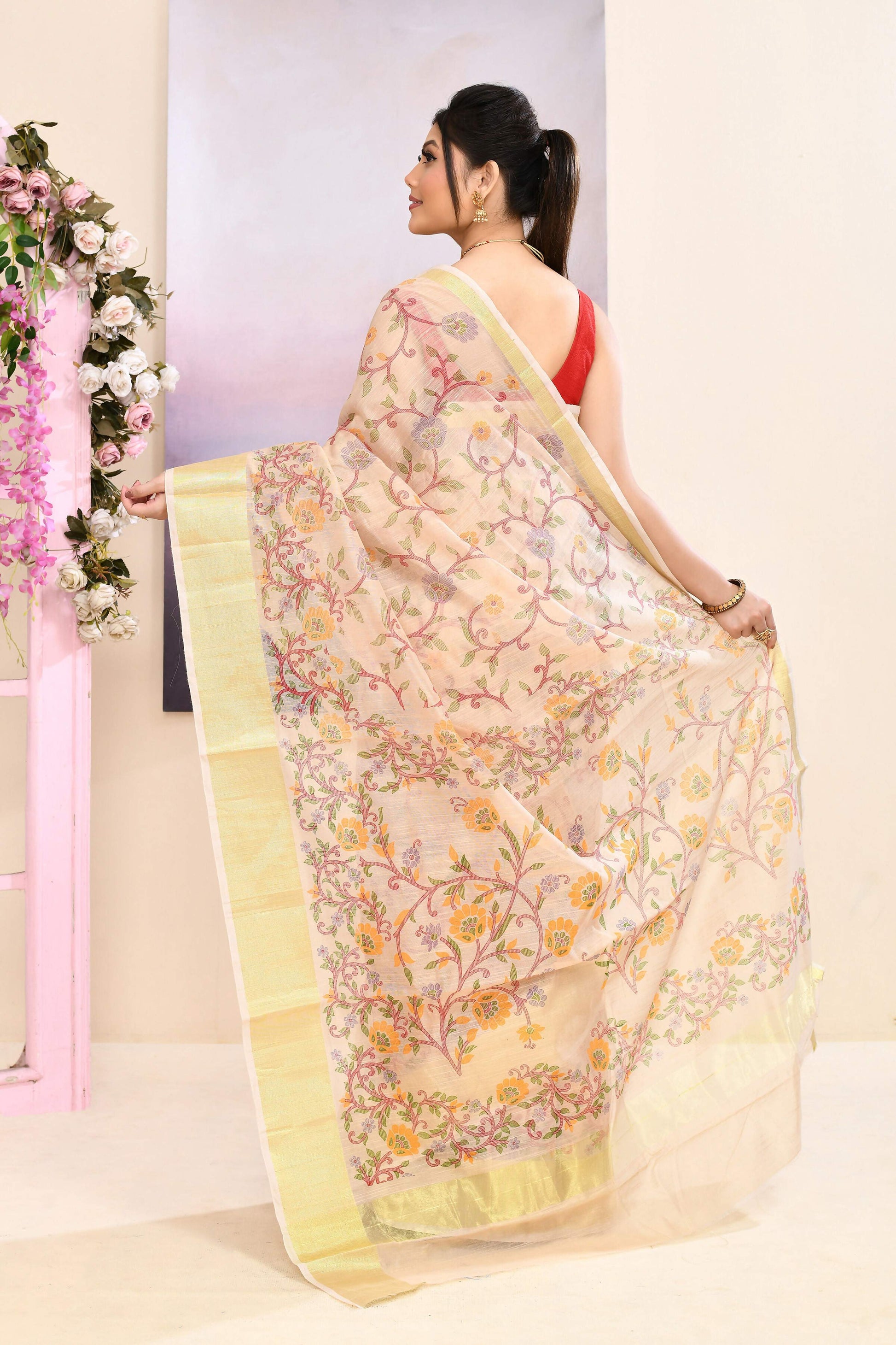 Piyari Fashion Women's Beige Embellished Cotton Blend Printed Saree
