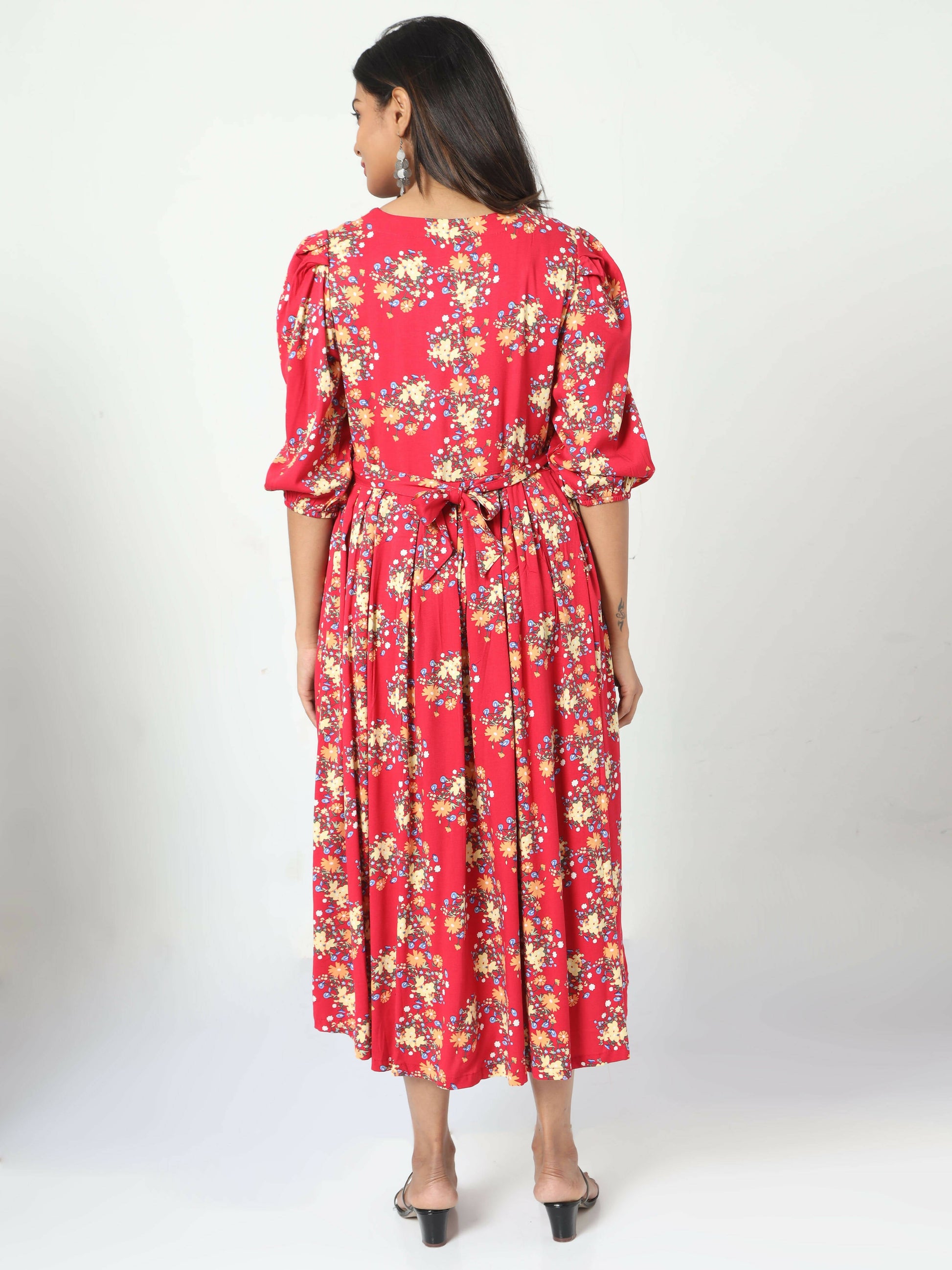 Manet Three Fourth Maternity Dress Floral Print With Concealed Zipper Nursing Access - Red