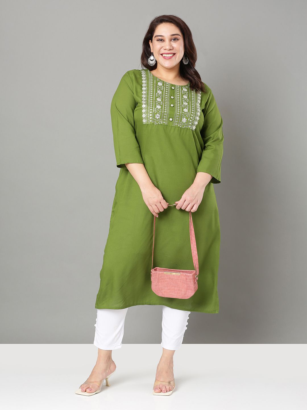 Sztori Plus Size Floral Yoke Design Mirror Work Straight Kurta