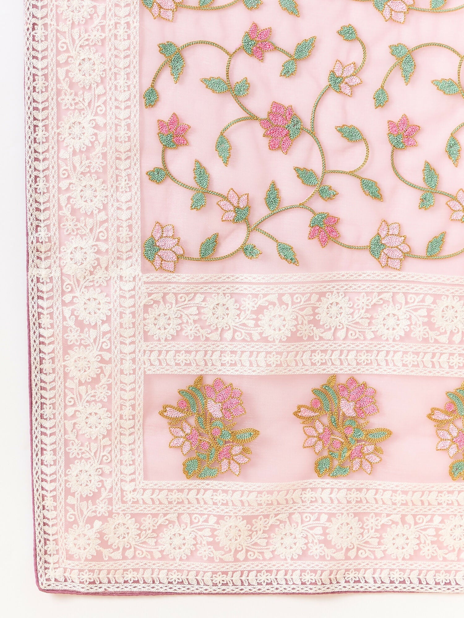 Pink Organza Floral Embroidered Saree with Unstitched Blouse Piece - Roozal
