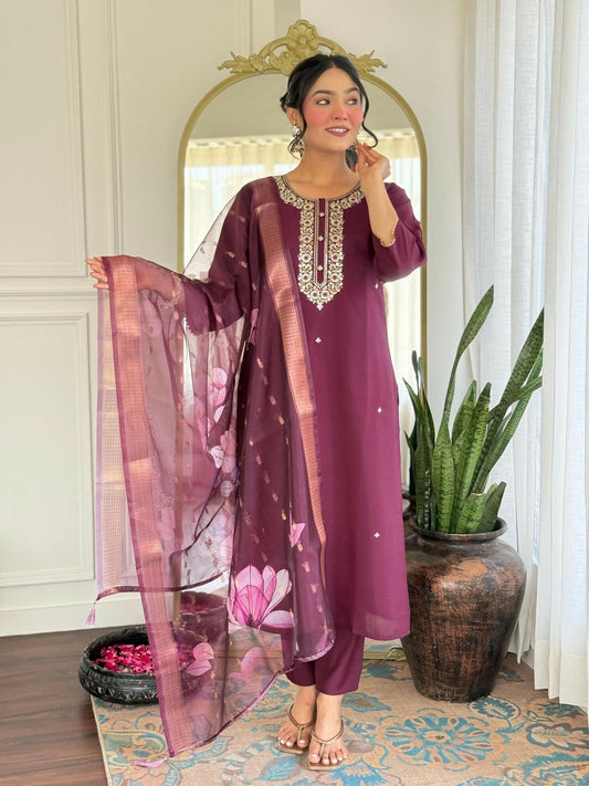The52 Wine Women's Gorgeous Rayon Fabric Embroidered Work Straight Kurta Pant and Dupatta Set | Grab2Buy